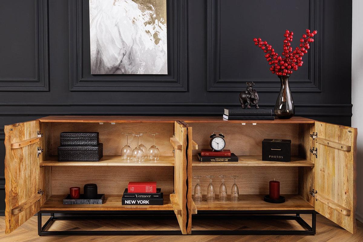 Buffet en bois massif VULCANO 180cm en manguier marron avec sculptures 3D structure en métal noir fait main
