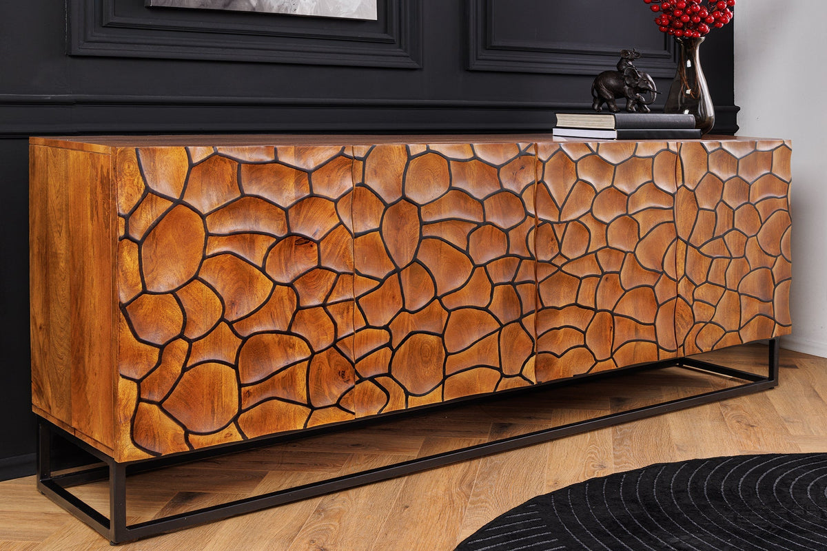 Buffet en bois massif VULCANO 180cm en manguier marron avec sculptures 3D structure en métal noir fait main