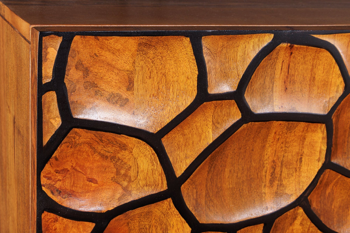 Buffet en bois massif VULCANO 180cm en manguier marron avec sculptures 3D structure en métal noir fait main