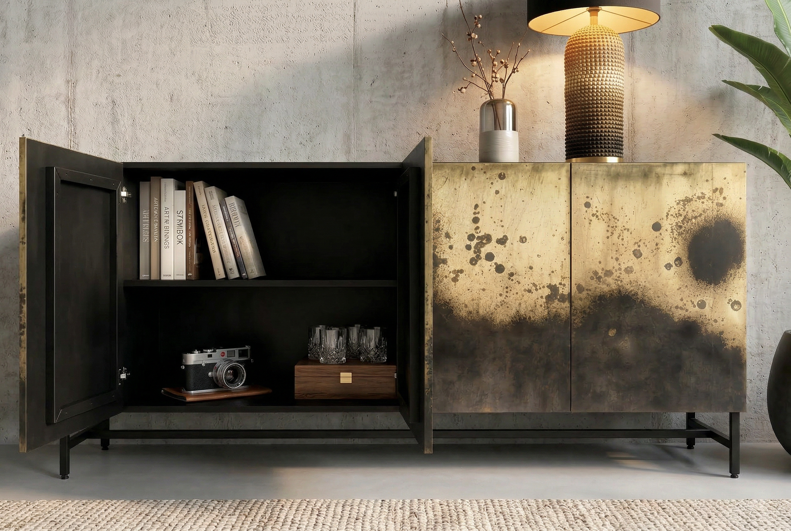 Buffet exclusif OXID 180cm noir doré bois de manguier massif métal fermeture amortie
