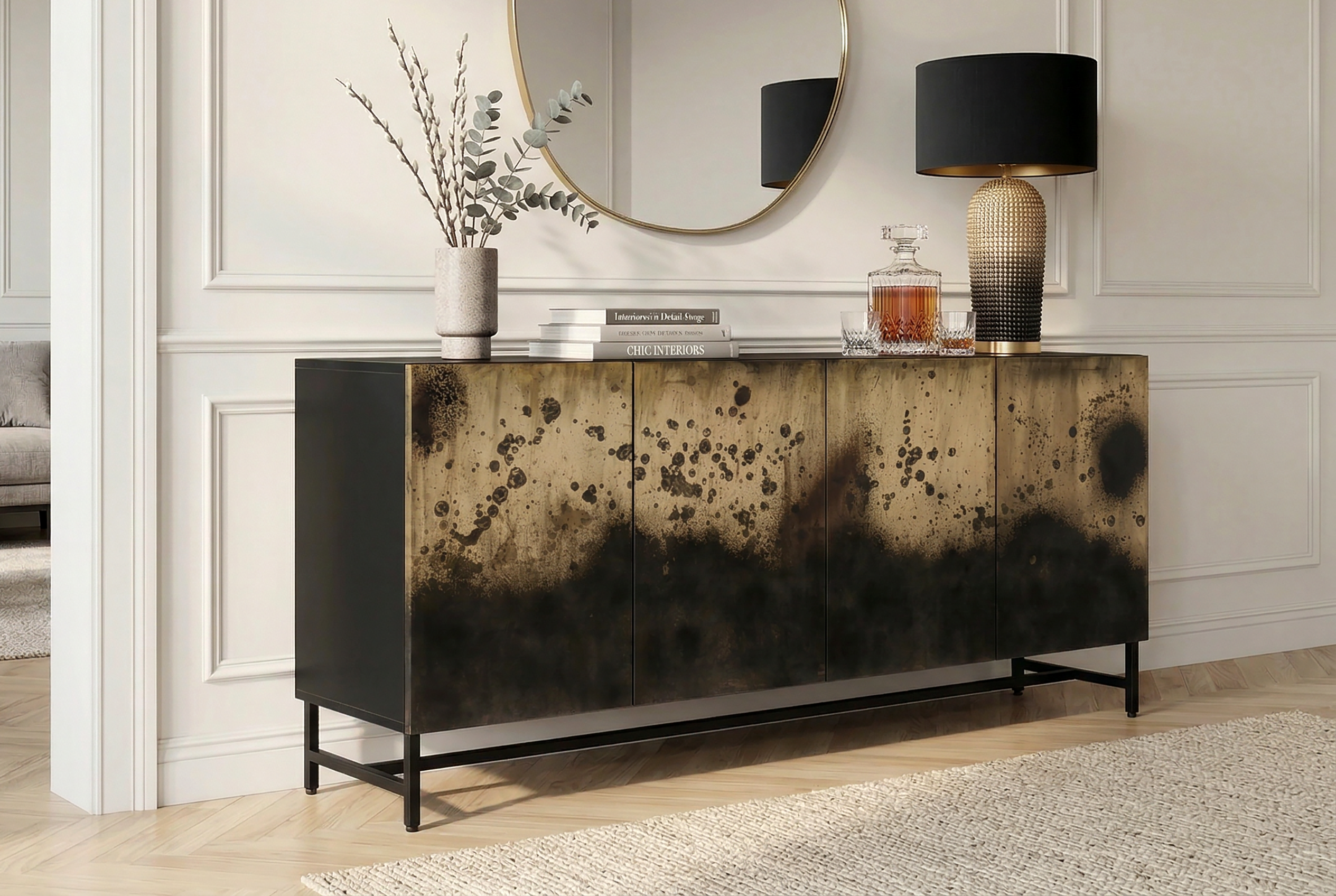 Buffet exclusif OXID 180cm noir doré bois de manguier massif métal fermeture amortie