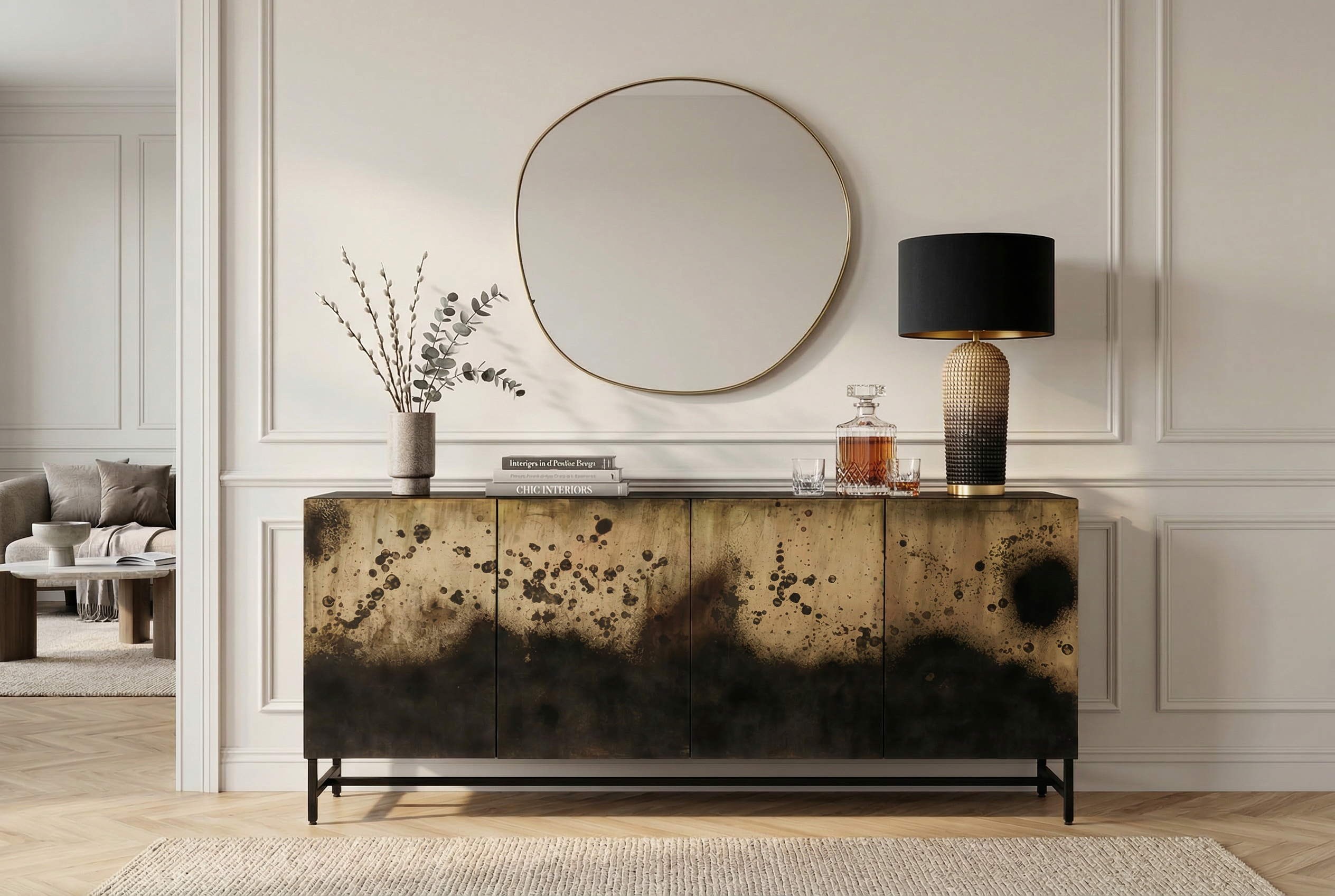 Buffet exclusif OXID 180cm noir doré bois de manguier massif métal fermeture amortie