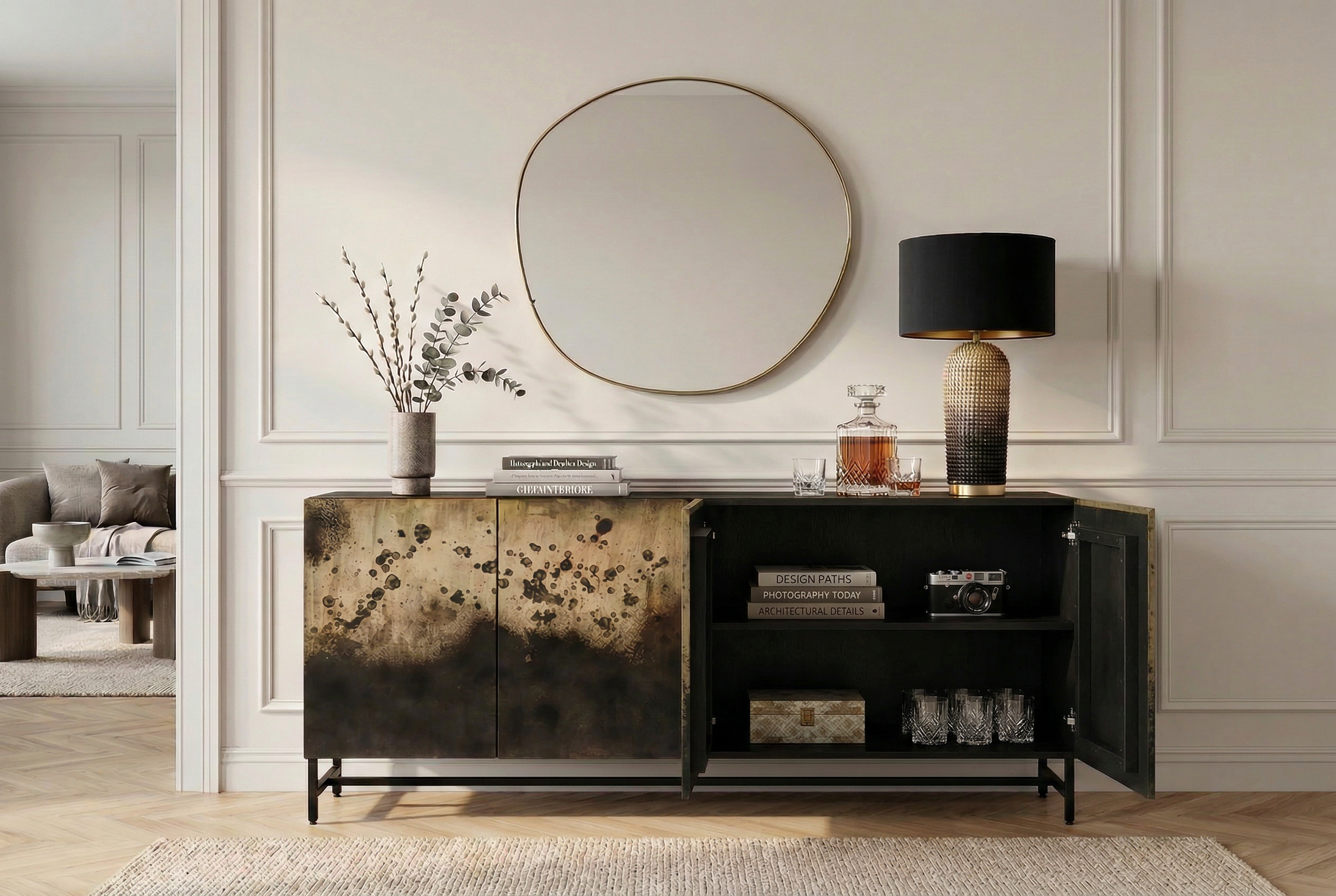 Buffet exclusif OXID 180cm noir doré bois de manguier massif métal fermeture amortie