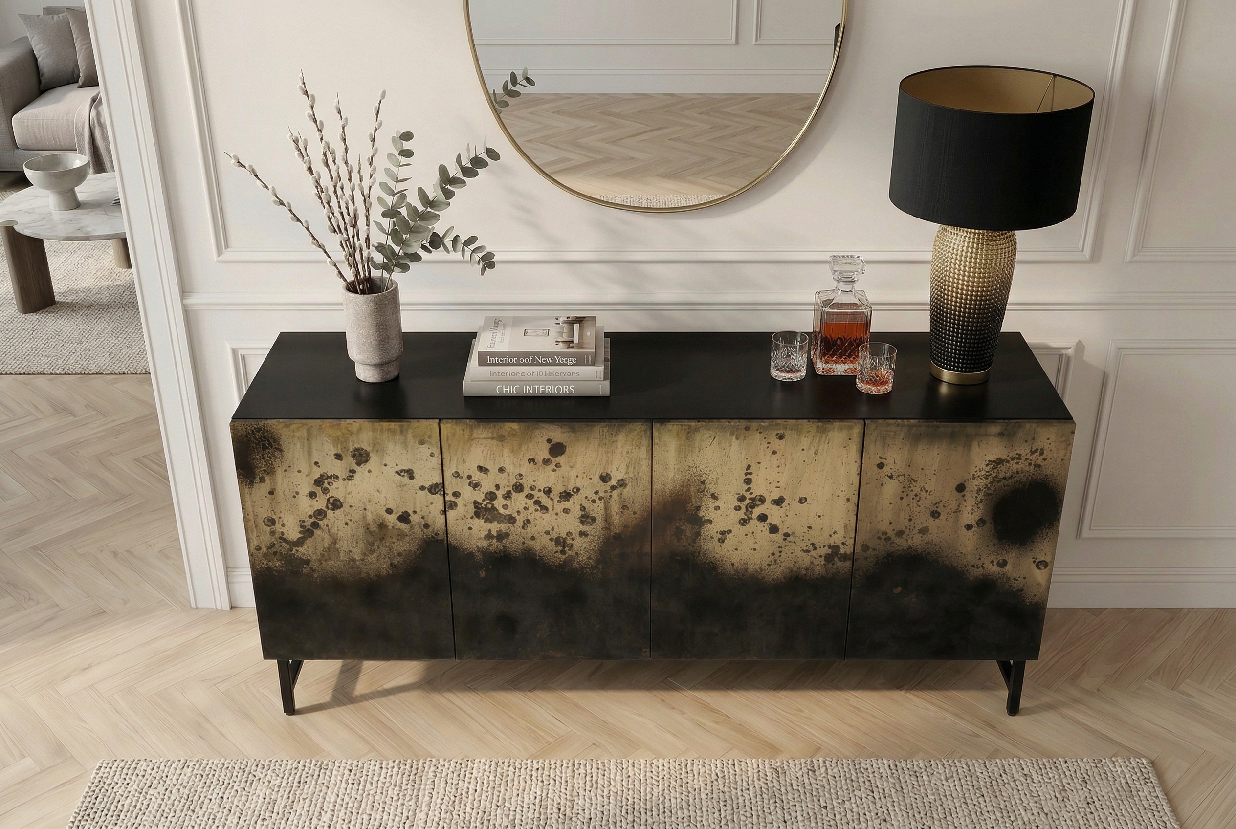 Buffet exclusif OXID 180cm noir doré bois de manguier massif métal fermeture amortie