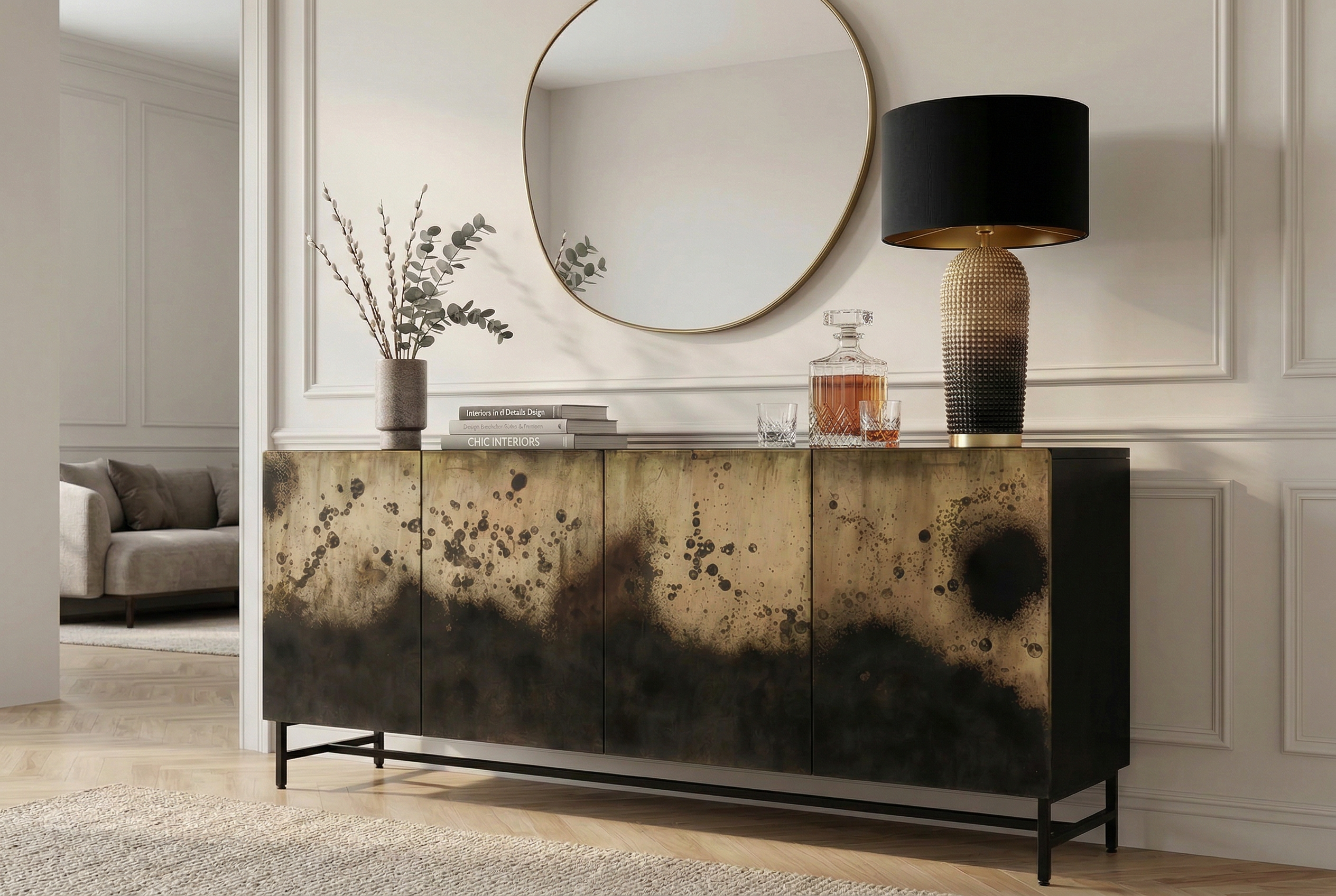 Buffet exclusif OXID 180cm noir doré bois de manguier massif métal fermeture amortie
