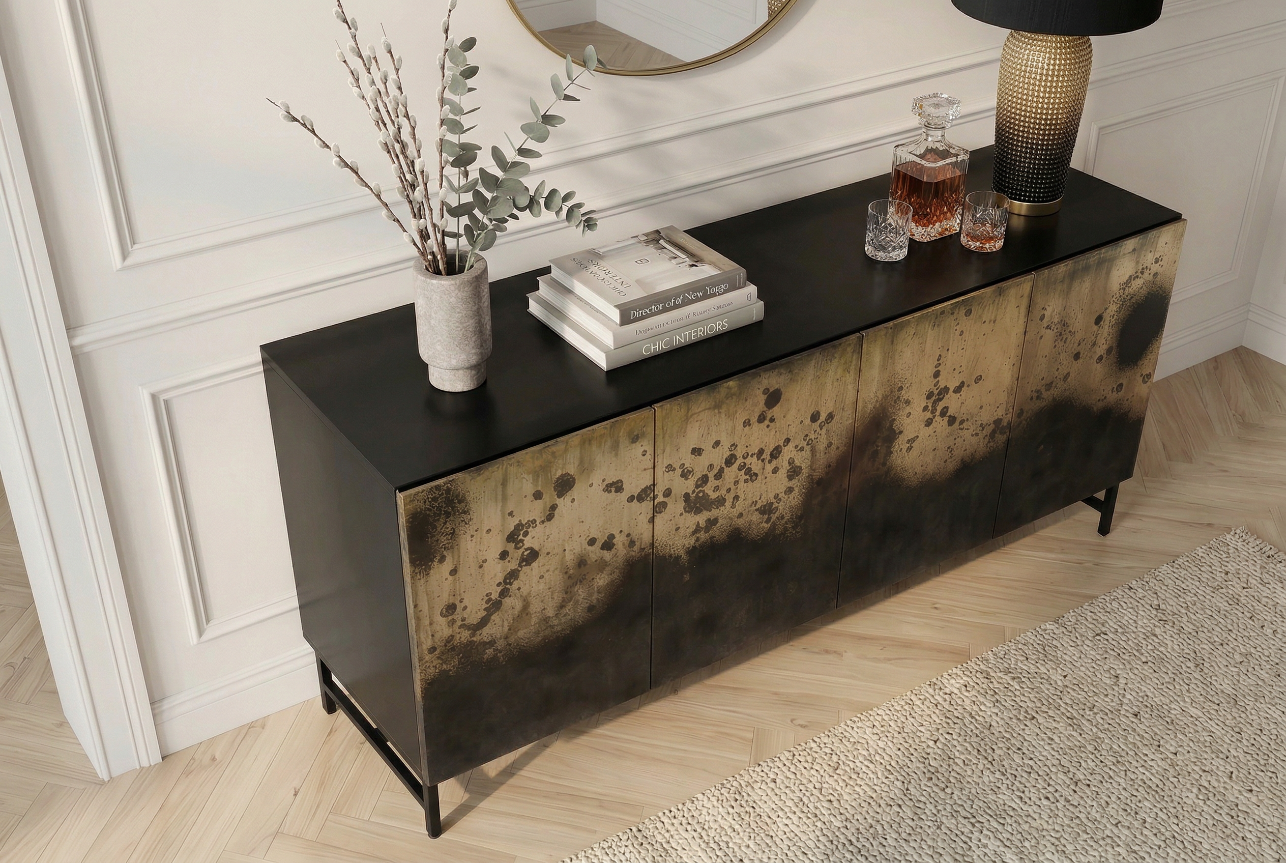 Buffet exclusif OXID 180cm noir doré bois de manguier massif métal fermeture amortie