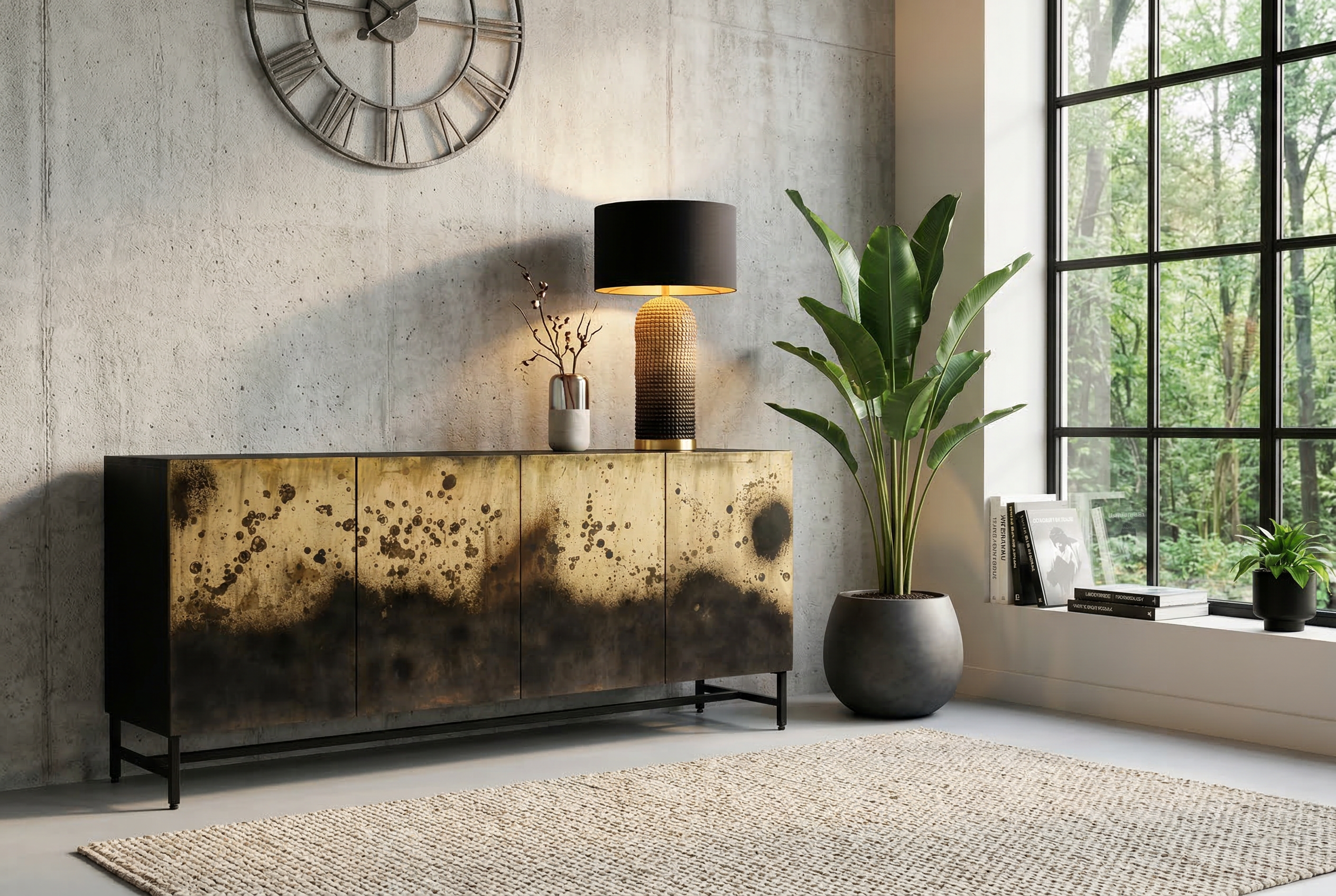 Buffet exclusif OXID 180cm noir doré bois de manguier massif métal fermeture amortie