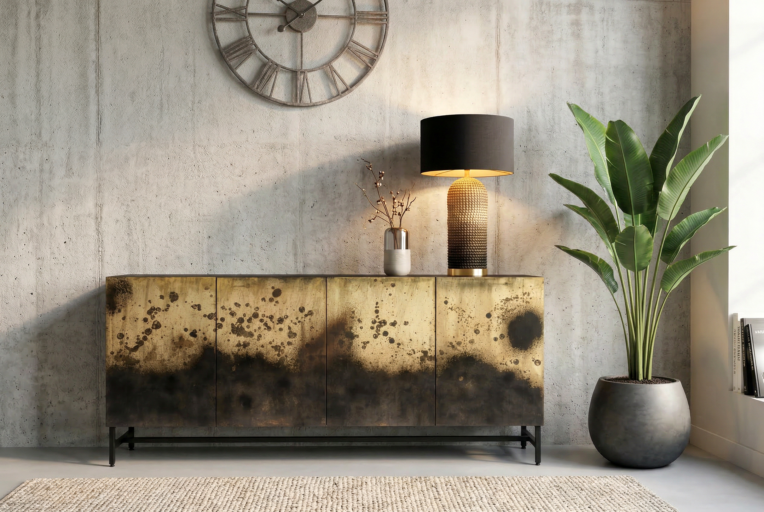 Buffet exclusif OXID 180cm noir doré bois de manguier massif métal fermeture amortie