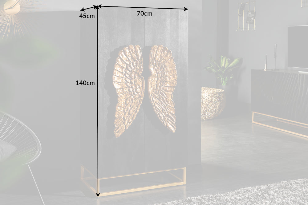 Buffet extravagant ANGEL 140cm en bois de manguier noir avec ailes dorées