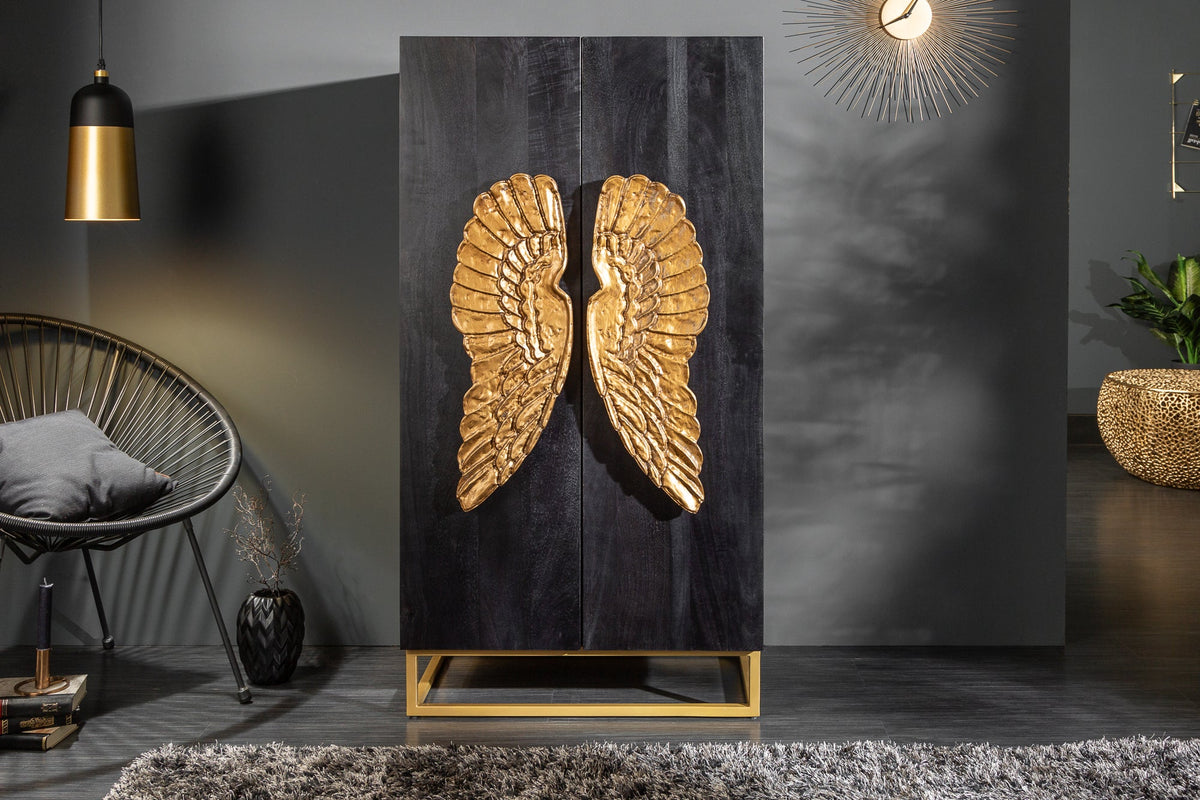 Buffet extravagant ANGEL 140cm en bois de manguier noir avec ailes dorées