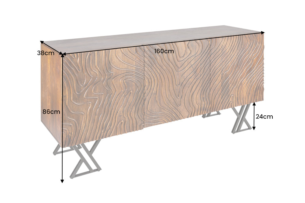 Buffet fabriqué à la main FLUID 160 cm en bois de manguier avec des sculptures 3D élaborées
