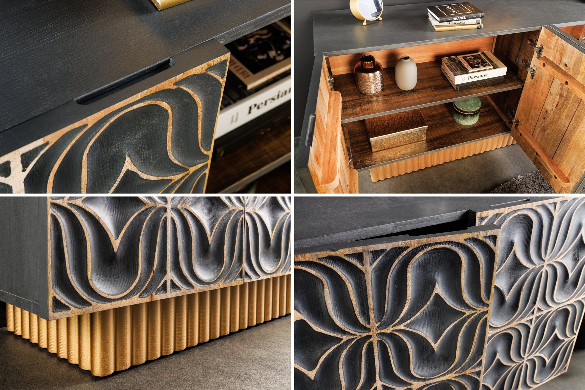 Buffet fait main PIAZZA SAN MARCO 180cm gris doré en bois de manguier massif design 3D