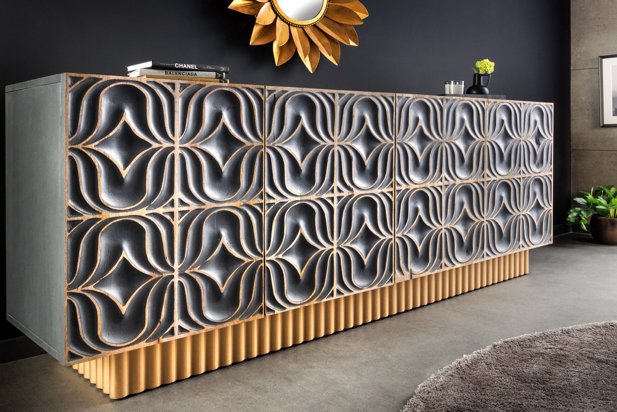 Buffet fait main PIAZZA SAN MARCO 180cm gris doré en bois de manguier massif design 3D