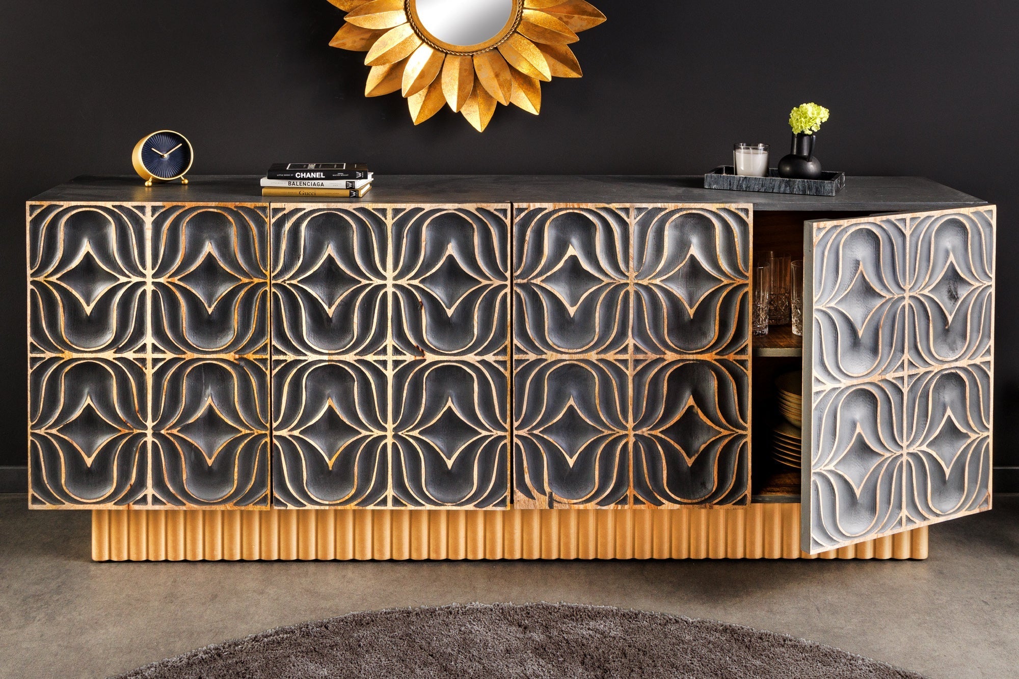 Buffet fait main PIAZZA SAN MARCO 180cm gris doré en bois de manguier massif design 3D