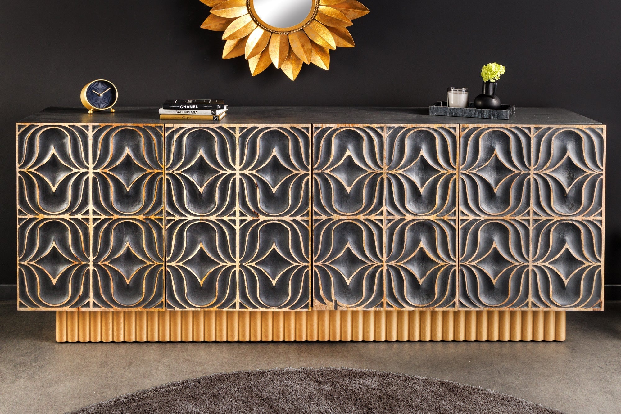Buffet fait main PIAZZA SAN MARCO 180cm gris doré en bois de manguier massif design 3D