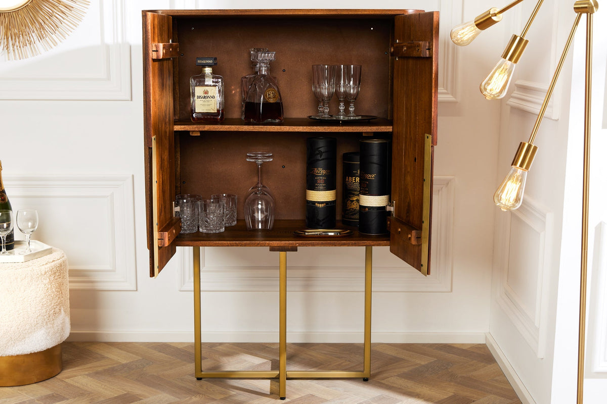 Buffet haut design GATSBY 125cm marron mat doré bois de manguier rétro