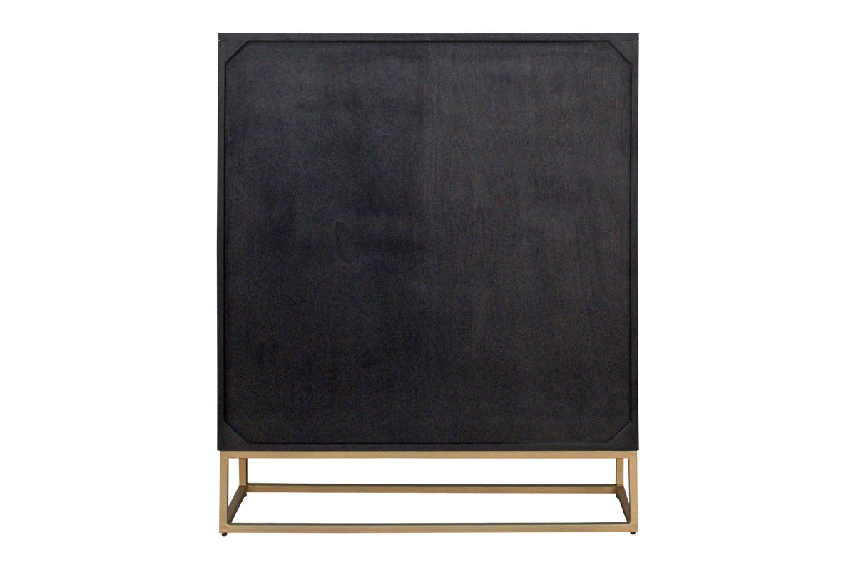 Buffet haut design ILLUSION 120cm en bois de manguier massif noir avec sculptures 3D structure en métal fer doré