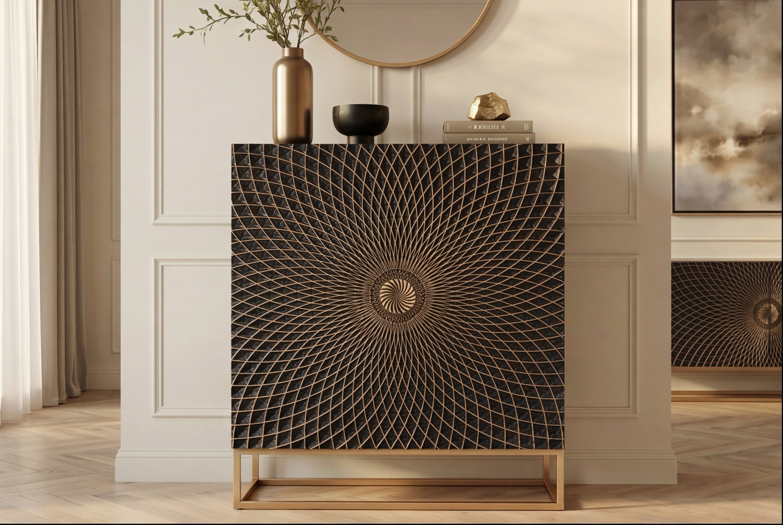 Buffet haut design ILLUSION 120cm en bois de manguier massif noir avec sculptures 3D structure en métal fer doré