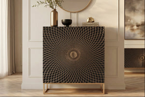 Buffet haut design ILLUSION 120cm en bois de manguier massif noir avec sculptures 3D structure en métal fer doré