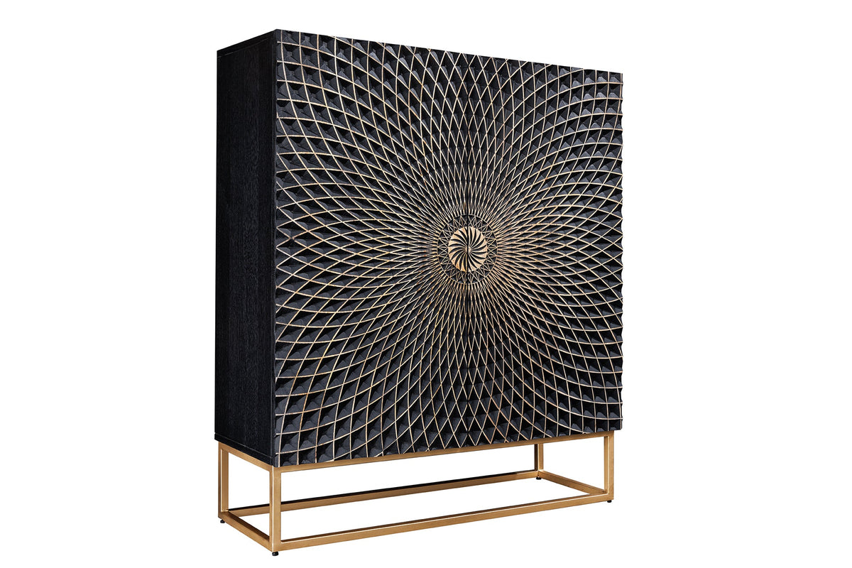 Buffet haut design ILLUSION 120cm en bois de manguier massif noir avec sculptures 3D structure en métal fer doré