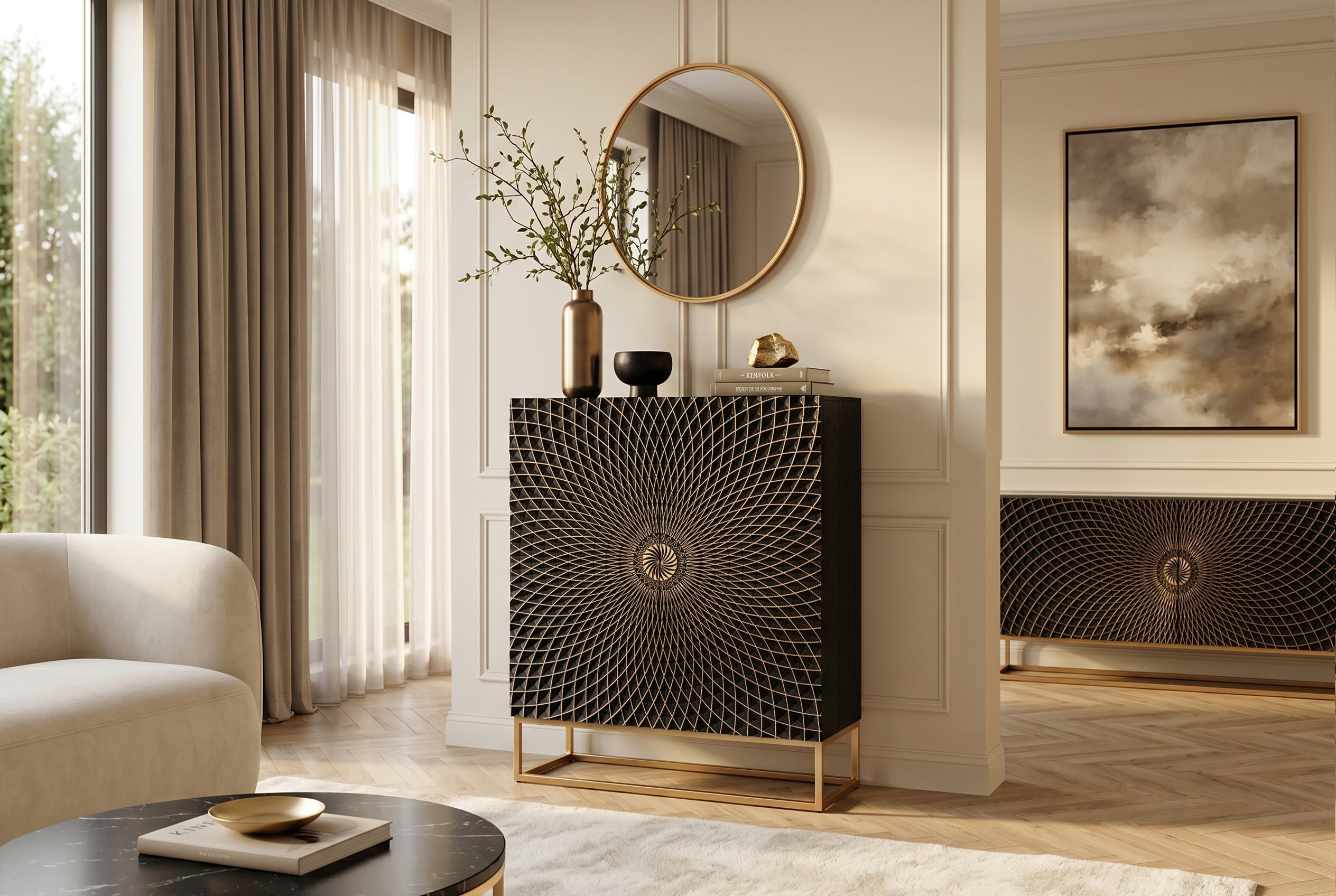 Buffet haut design ILLUSION 120cm en bois de manguier massif noir avec sculptures 3D structure en métal fer doré