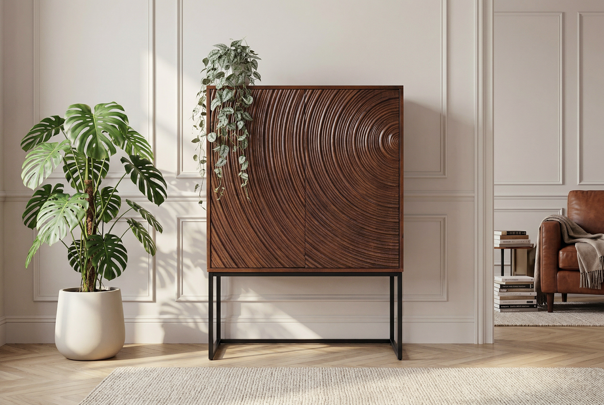 Buffet haut design ORBIT 120cm en manguier marron avec façade 3D métal noir