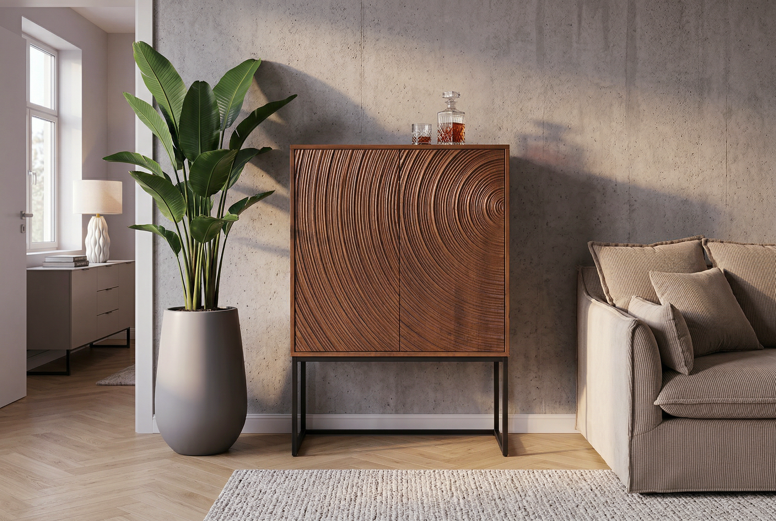 Buffet haut design ORBIT 120cm en manguier marron avec façade 3D métal noir