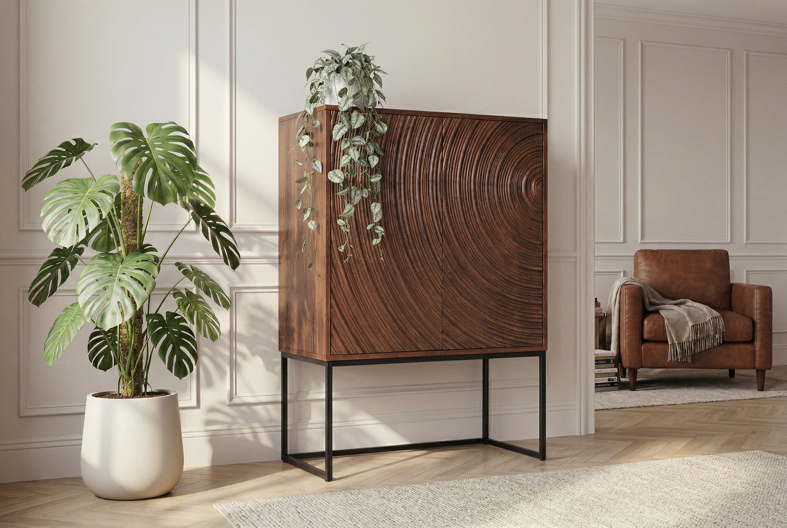 Buffet haut design ORBIT 120cm en manguier marron avec façade 3D métal noir
