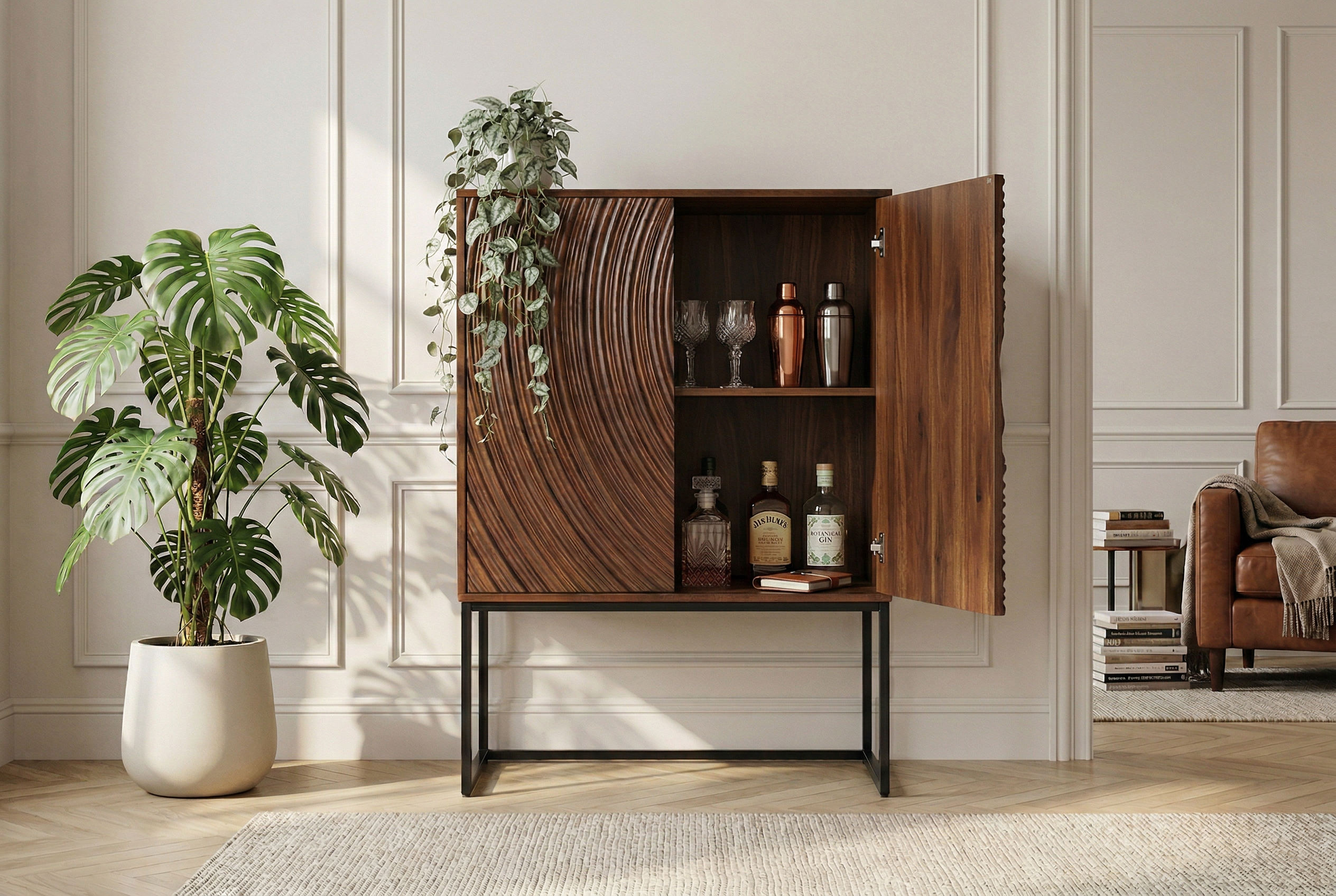Buffet haut design ORBIT 120cm en manguier marron avec façade 3D métal noir