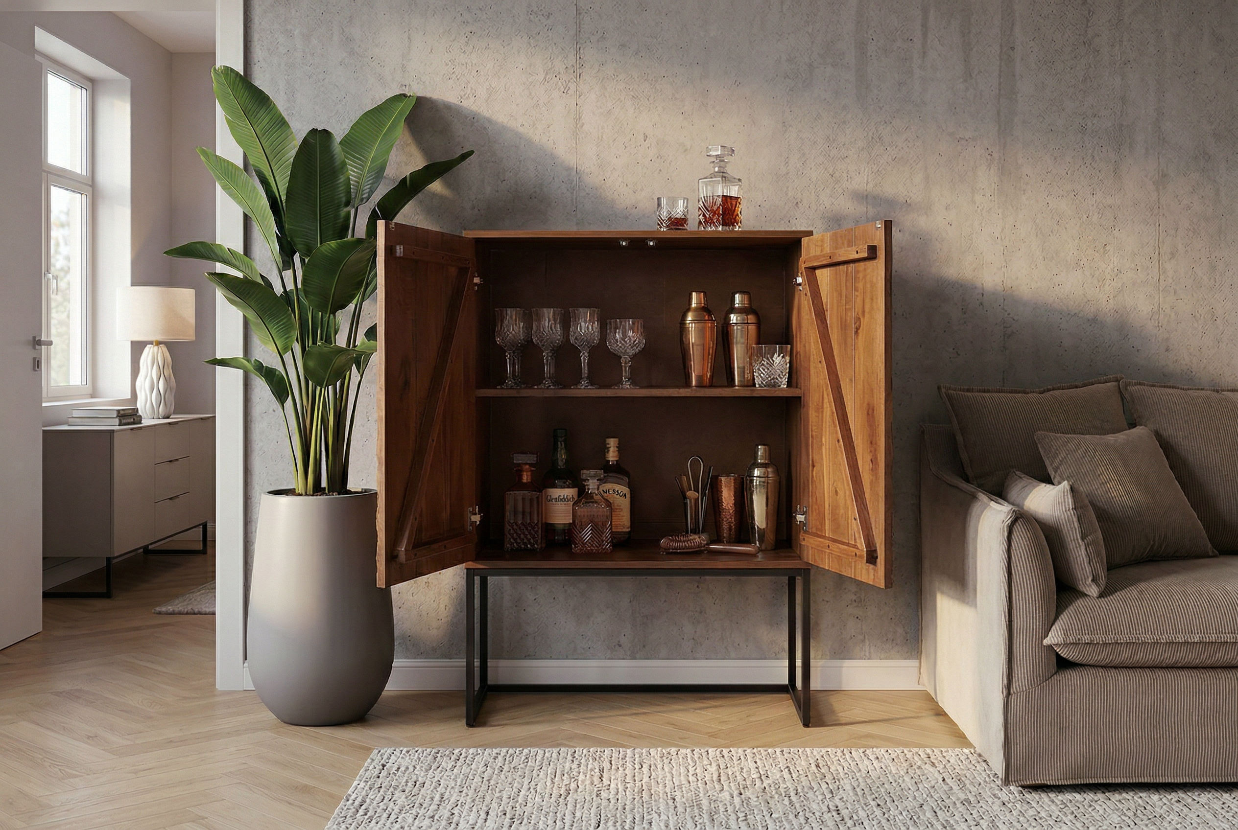 Buffet haut design ORBIT 120cm en manguier marron avec façade 3D métal noir