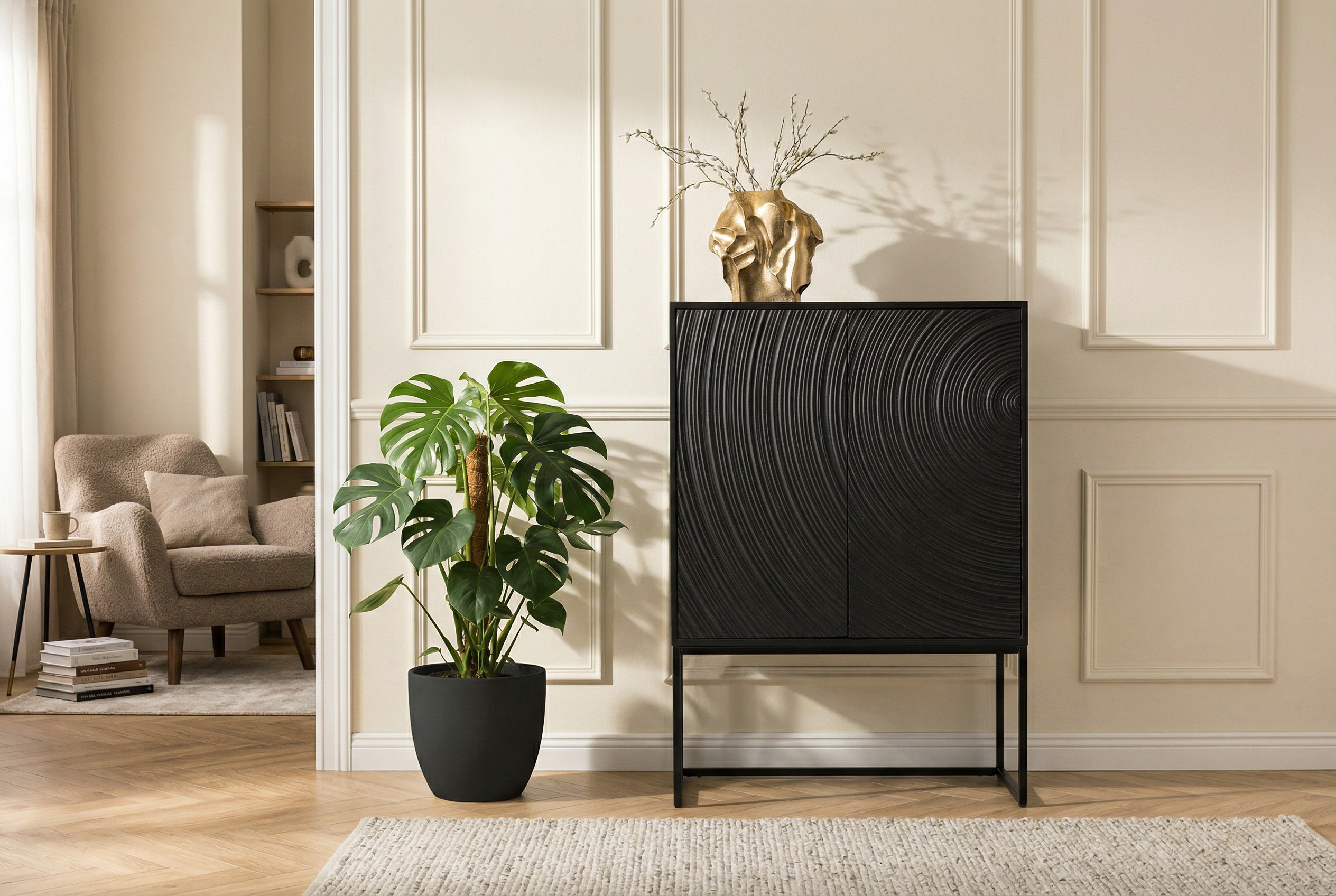 Buffet haut design ORBIT 120cm en manguier noir avec façade 3D en métal