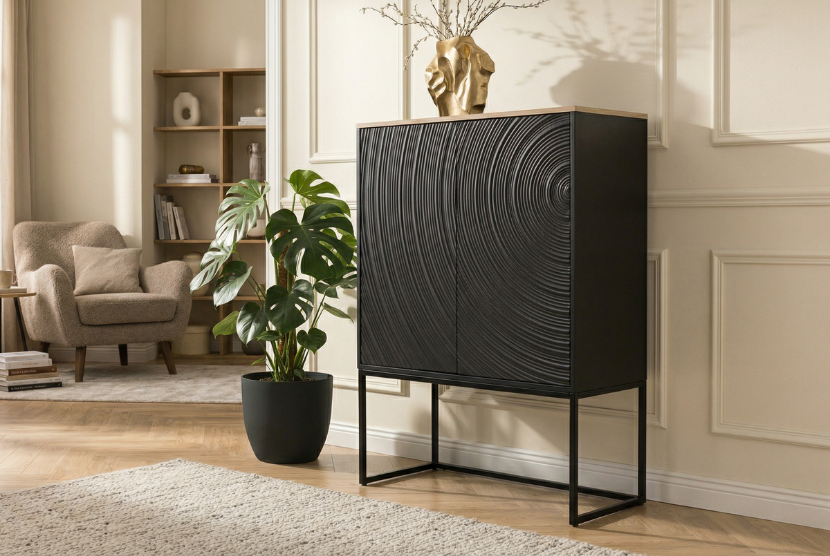 Buffet haut design ORBIT 120cm en manguier noir avec façade 3D en métal