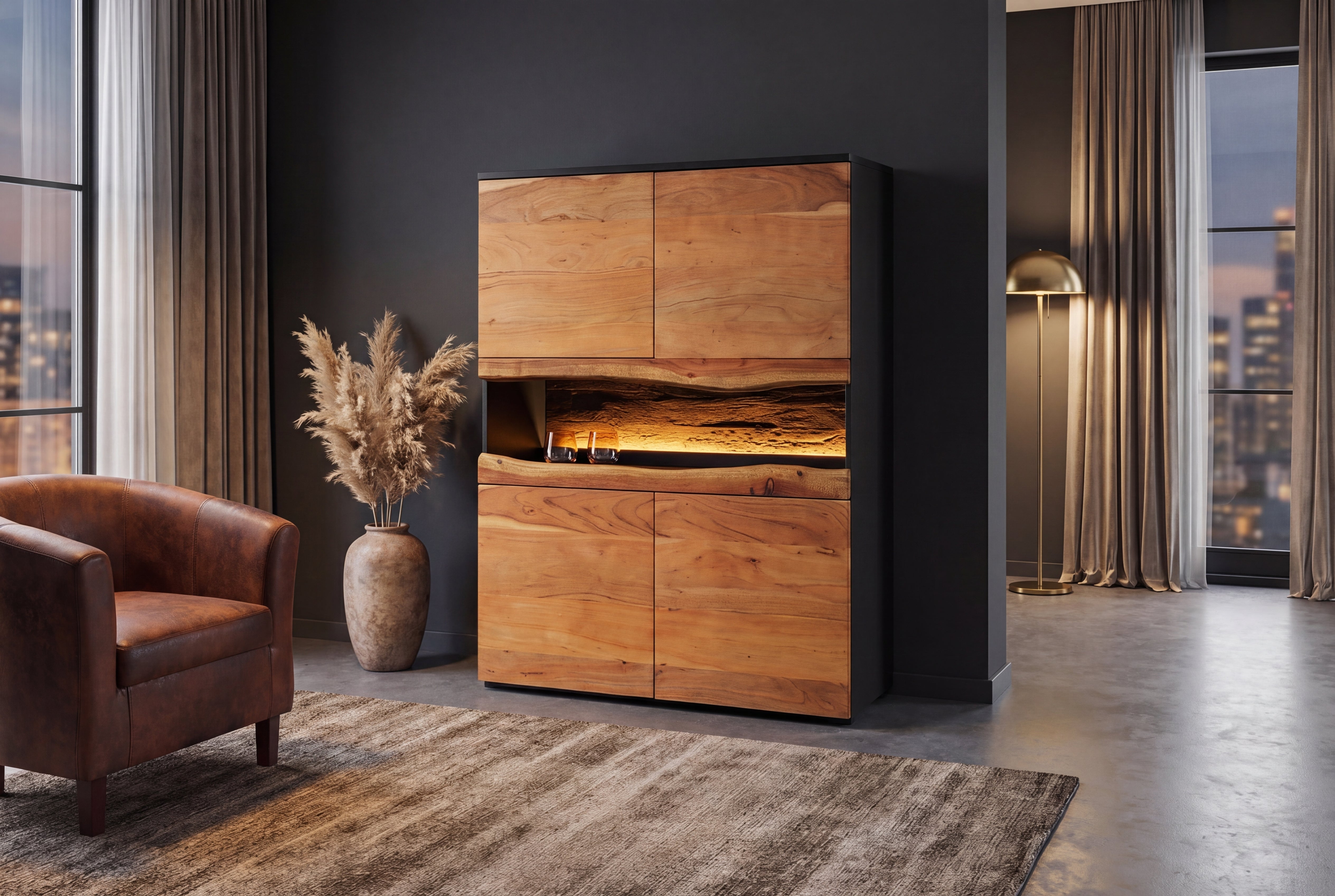 Buffet haut en bois massif GRAND ACACIA 120cm acacia marron avec éclairage LED bord d’arbre