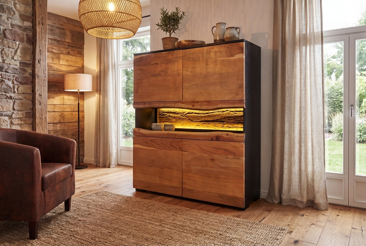 Buffet haut en bois massif GRAND ACACIA 120cm acacia marron avec éclairage LED bord d’arbre