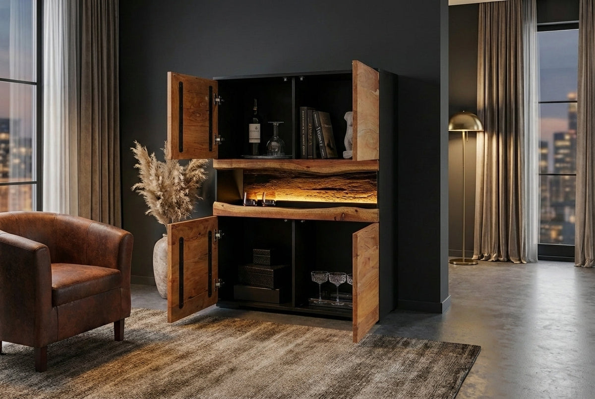 Buffet haut en bois massif GRAND ACACIA 120cm acacia marron avec éclairage LED bord d’arbre
