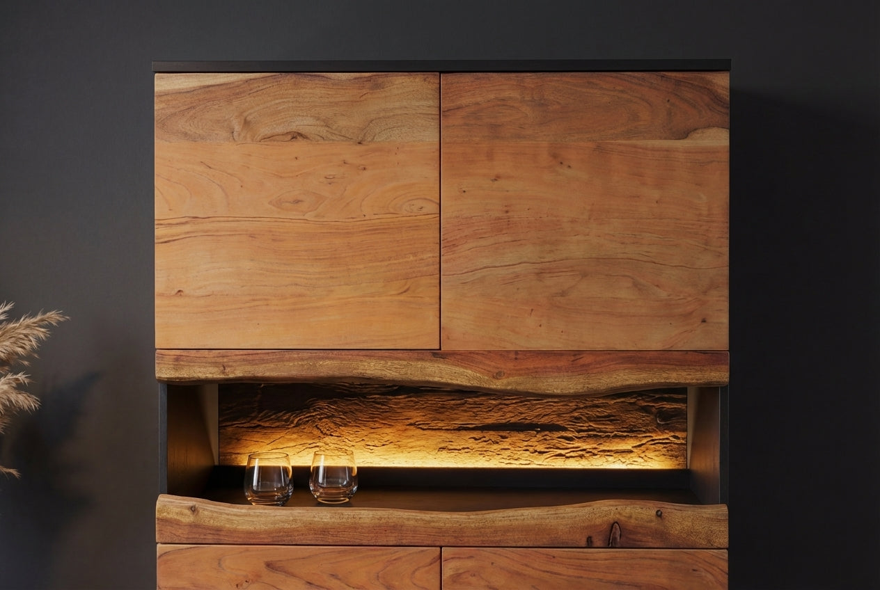 Buffet haut en bois massif GRAND ACACIA 120cm acacia marron avec éclairage LED bord d’arbre