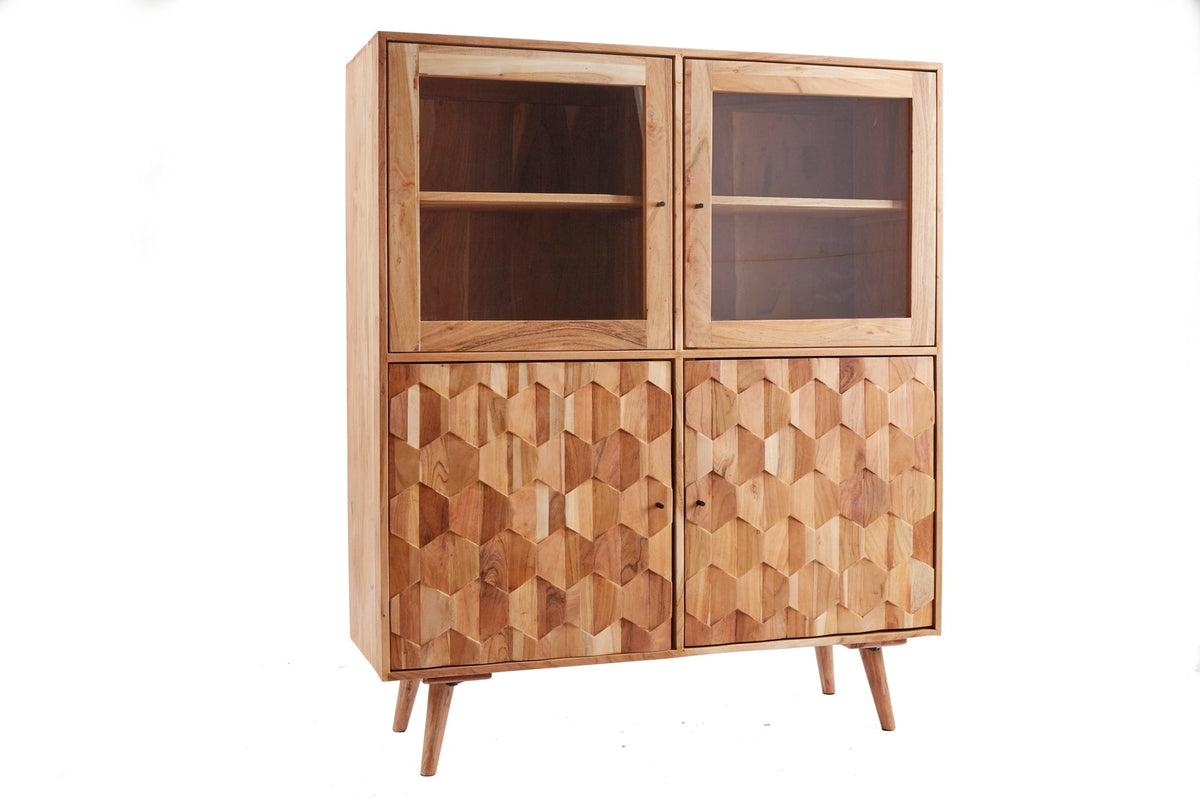 Buffet haut en bois massif MYSTIC LIVING 140cm vitrine en acacia naturel surface 3D