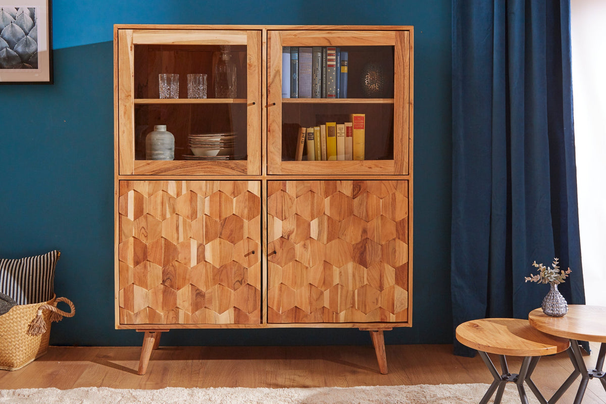Buffet haut en bois massif MYSTIC LIVING 140cm vitrine en acacia naturel surface 3D