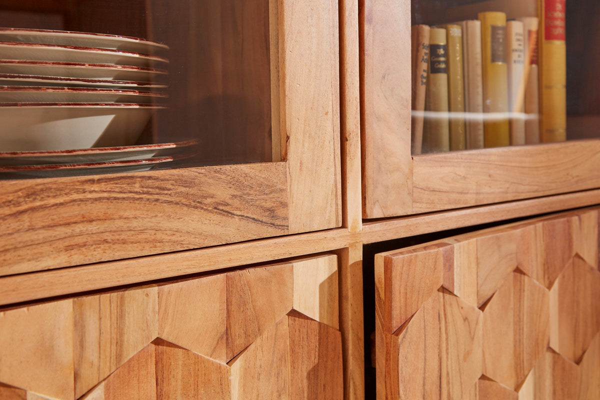Buffet haut en bois massif MYSTIC LIVING 140cm vitrine en acacia naturel surface 3D