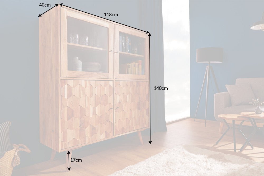 Buffet haut en bois massif MYSTIC LIVING 140cm vitrine en acacia naturel surface 3D