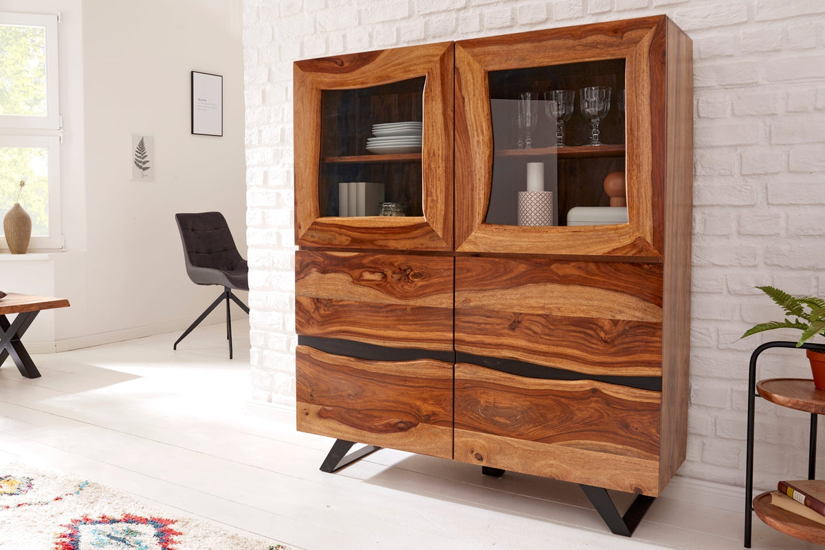 Buffet haut massif AMAZONAS 140cm vitrine en bois de sheesham marron avec bordure en arbre