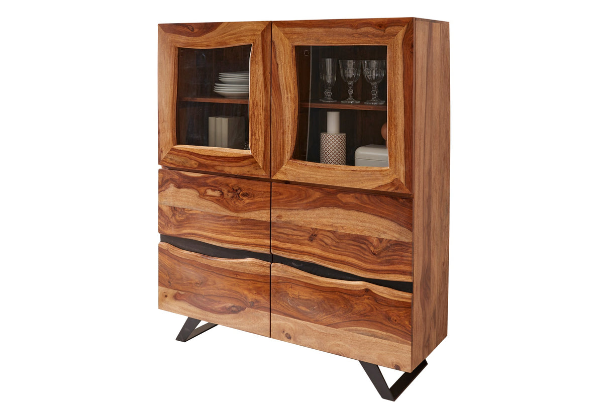 Buffet haut massif AMAZONAS 140cm vitrine en bois de sheesham marron avec bordure en arbre