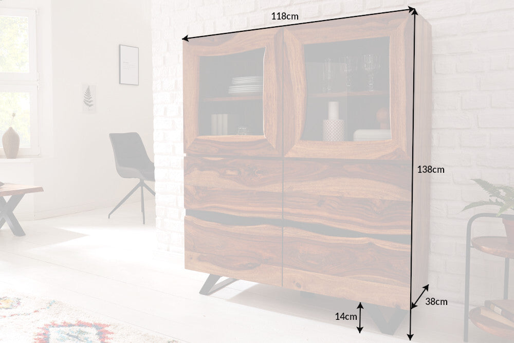 Buffet haut massif AMAZONAS 140cm vitrine en bois de sheesham marron avec bordure en arbre
