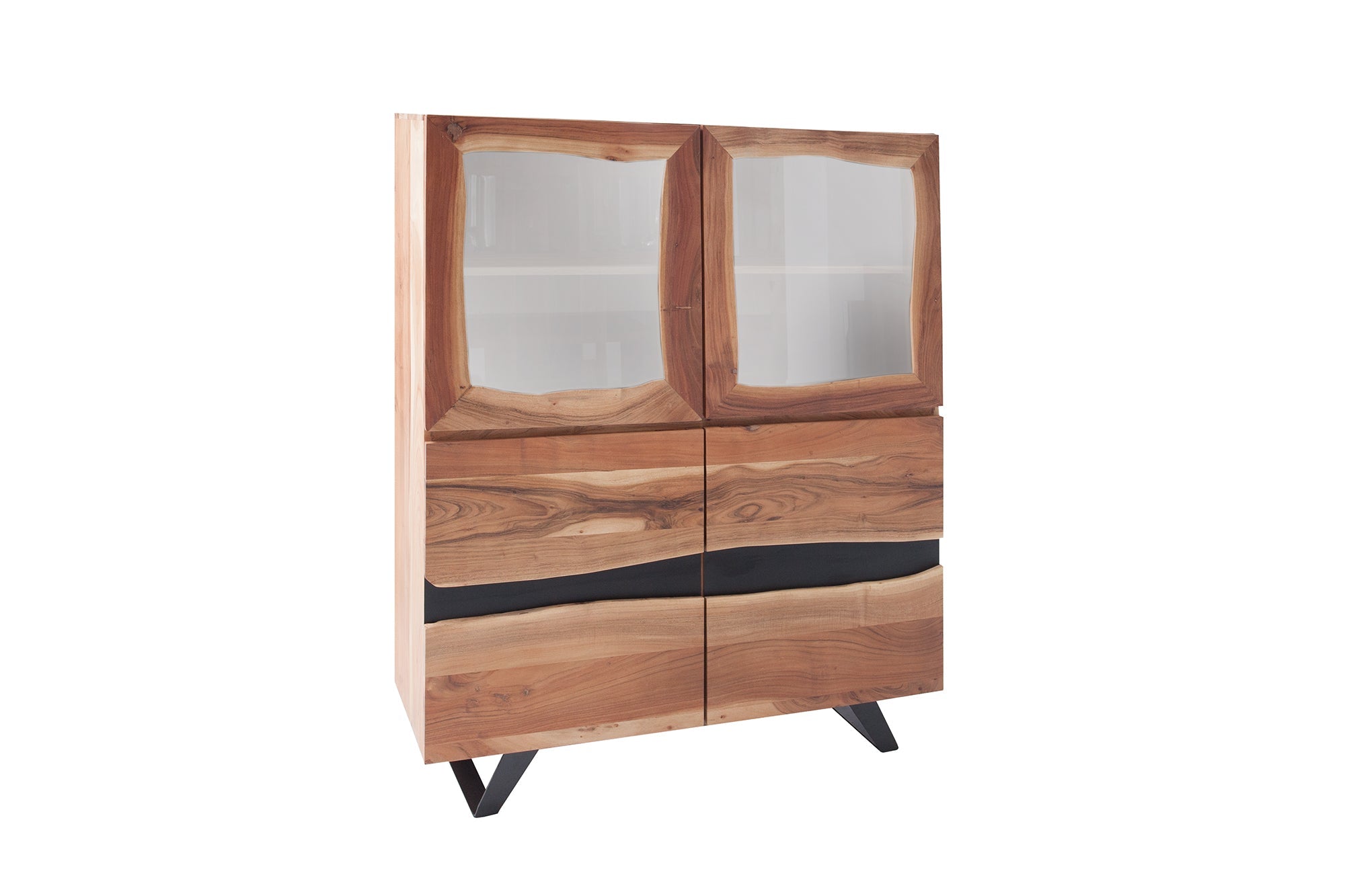 Buffet haut massif AMAZONAS 140cm vitrine en métal acacia bord d’arbre