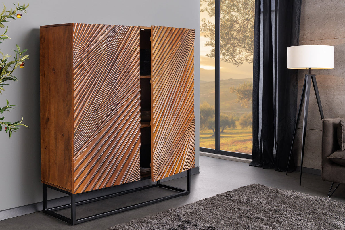 Buffet haut massif ART 120cm bois de manguier marron design 3D métal noir