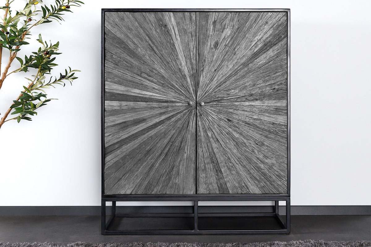 Buffet haut massif BARRACUDA 120cm en manguier gris façade teck métal noir