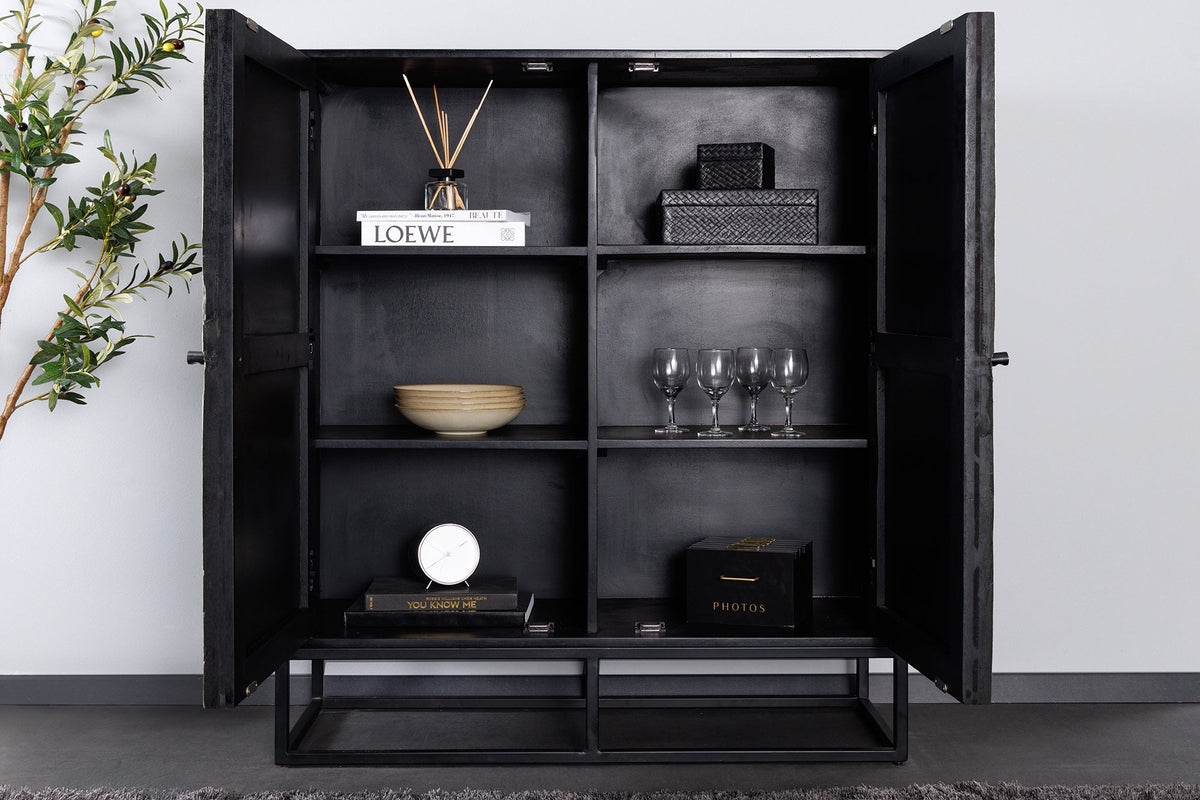Buffet haut massif BARRACUDA 120cm en manguier gris façade teck métal noir