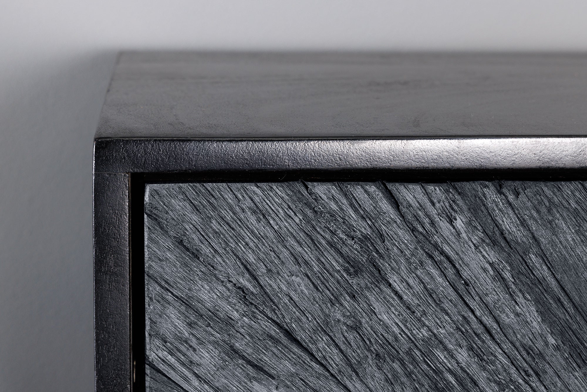 Buffet haut massif BARRACUDA 120cm en manguier gris façade teck métal noir