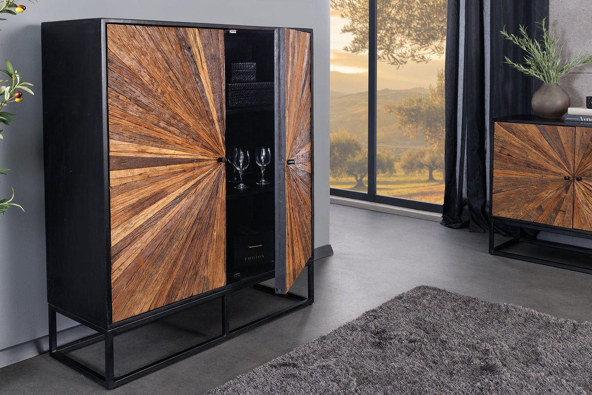 Buffet haut massif BARRACUDA 120cm en manguier marron avec façade en teck métal noir