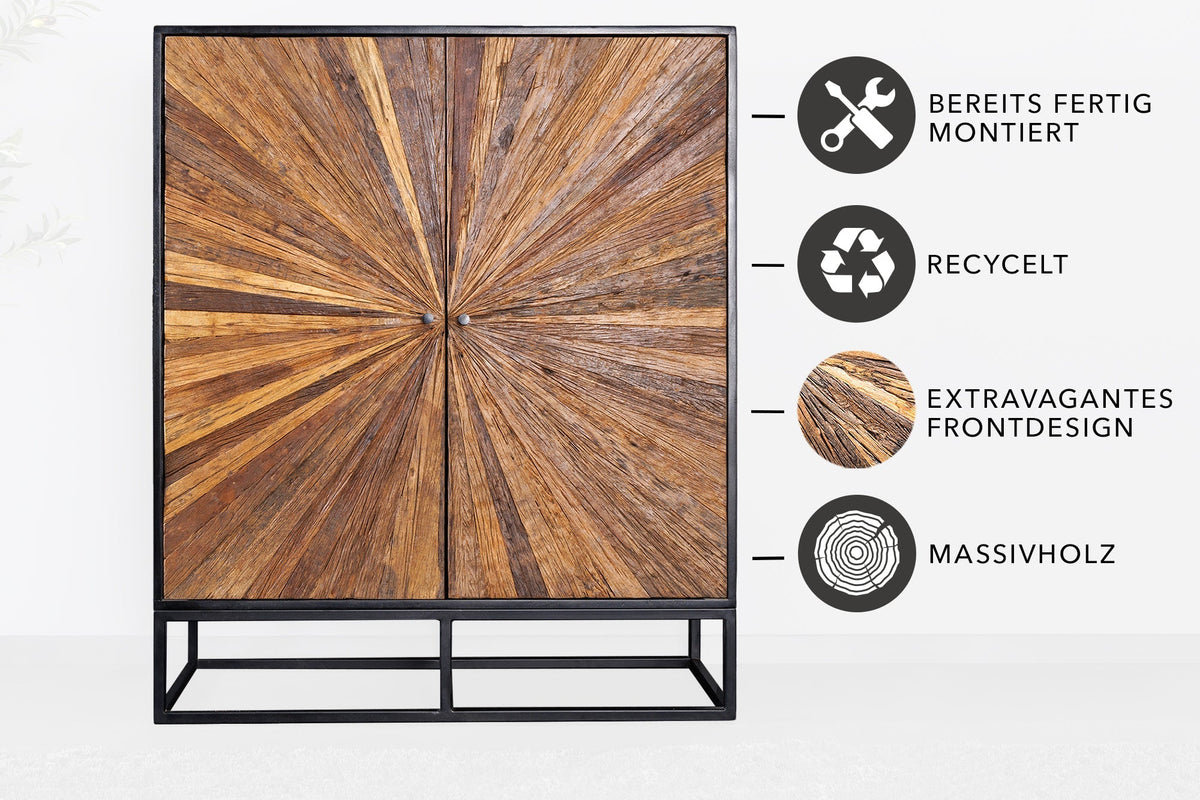 Buffet haut massif BARRACUDA 120cm en manguier marron avec façade en teck métal noir